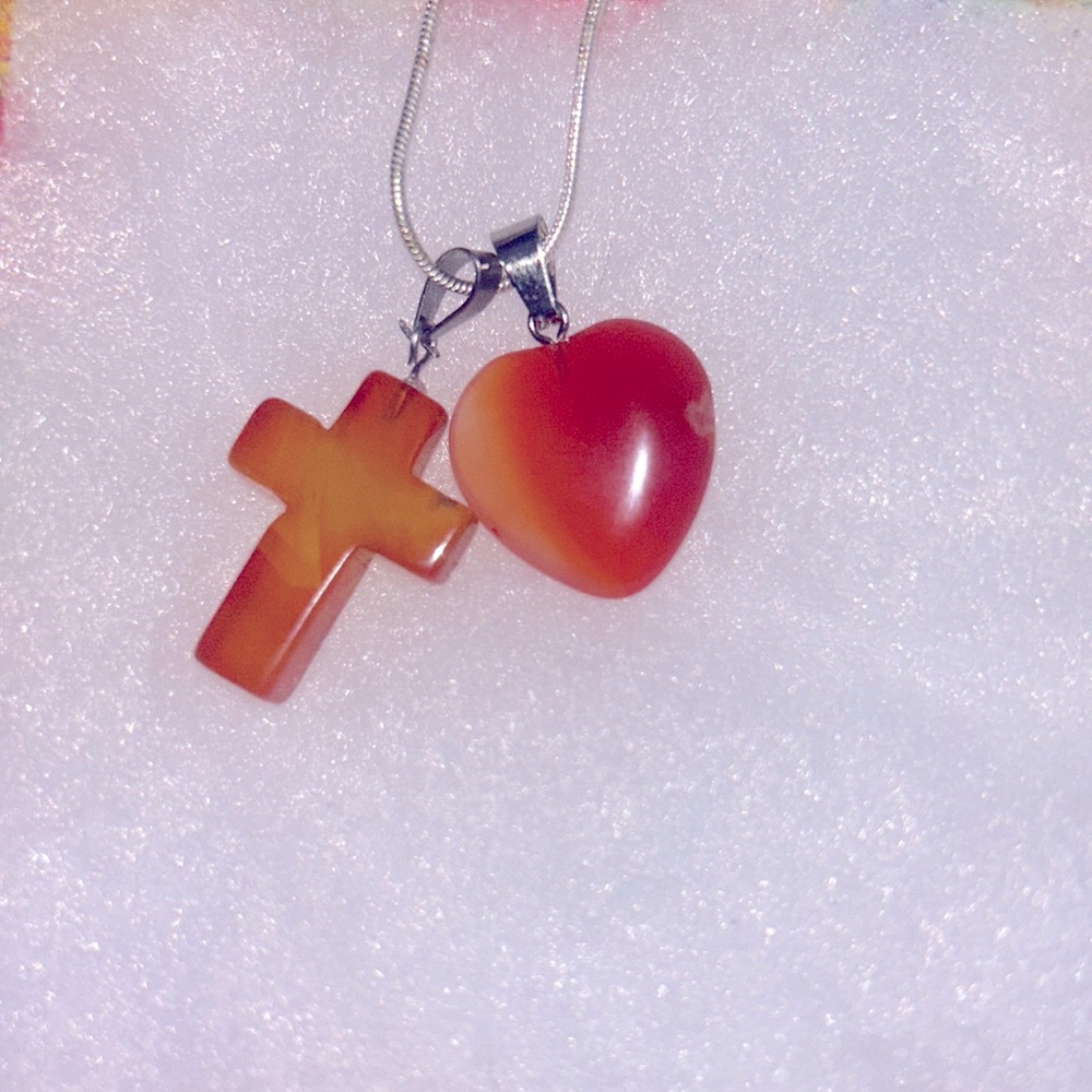 Boho Carnelian Agate Cross and Heart Sterling Silver 16” Necklace
